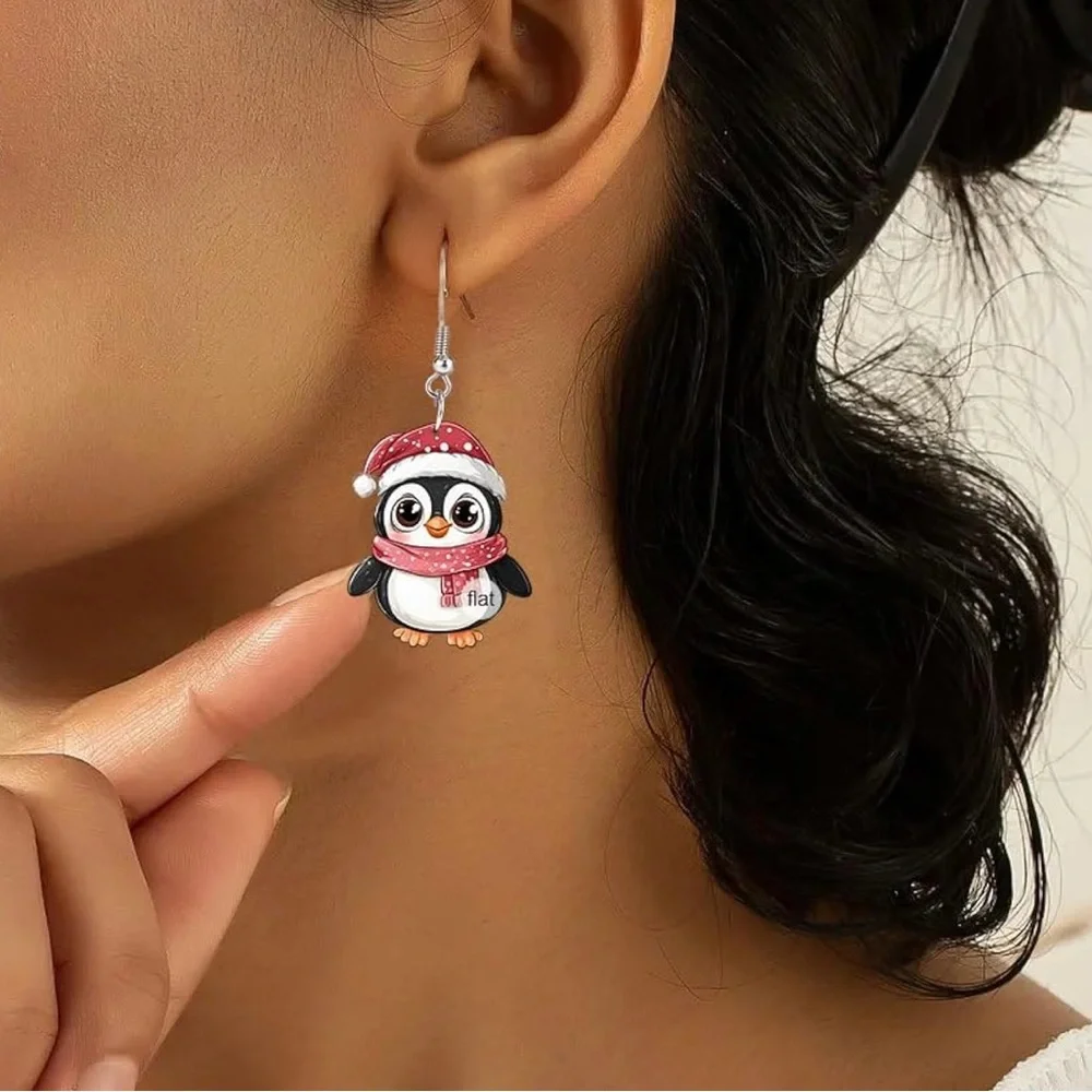Cute Christmas Penguin Santa Hat Scarf Flat Acrylic Dangle Drop Earrings NWOT